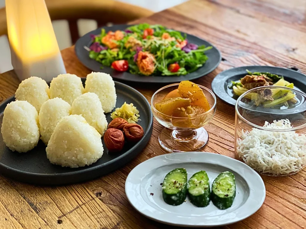 おにぎりと塩麹きゅうりの朝ごはんの食卓