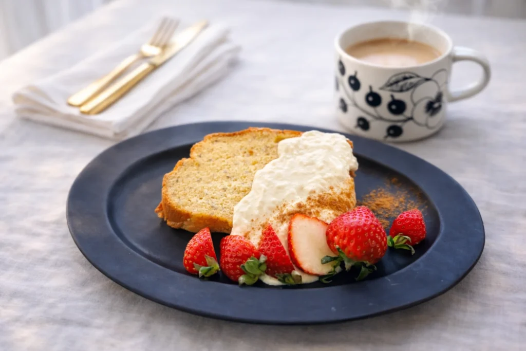 バナナの香りが広がるシフォンケーキと豆腐クリーム、いちごを添えたやさしいおやつ時間