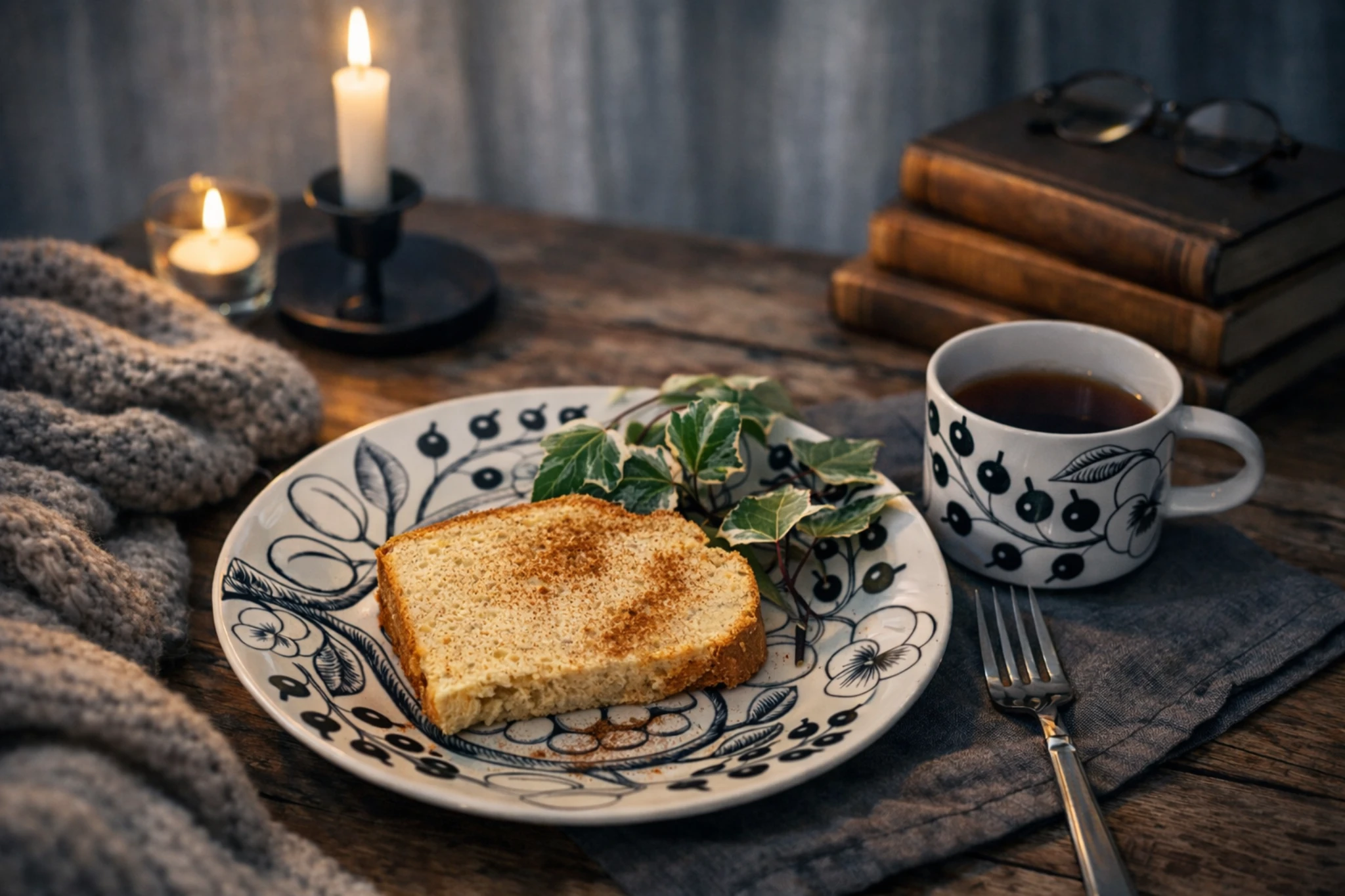 焼き上がった24cmのバナナシフォンケーキ。キャンドルとグリーンに囲まれた静かな夜のキッチン