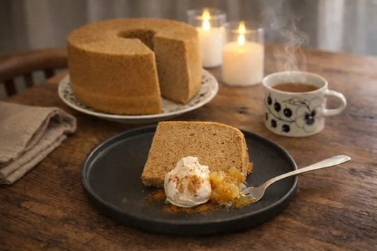 取り分けたスパイスシフォンケーキにアイスと林檎ジャムを添えた夜のデザートプレート