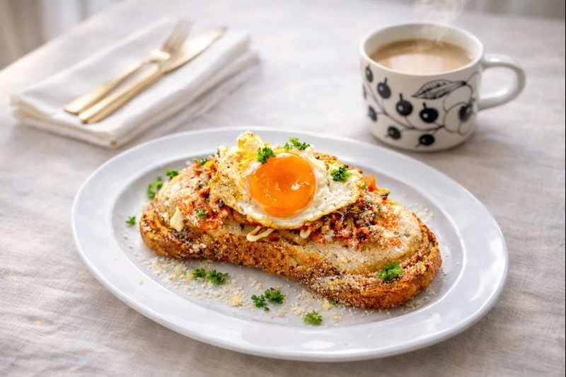 休日の朝に作ったホットサンド。目玉焼きとトマト、アジの甘辛フレークをのせた贅沢な朝ごはん