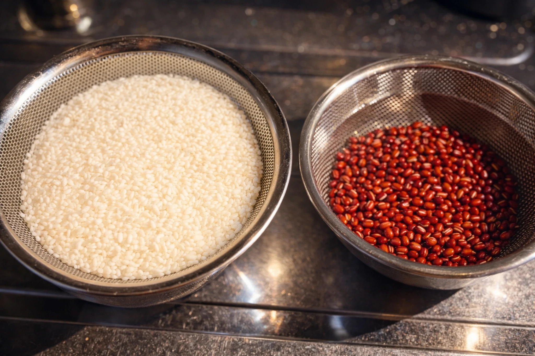 ざるに分けたもち米と小豆。赤飯の下準備をしている台所の風景