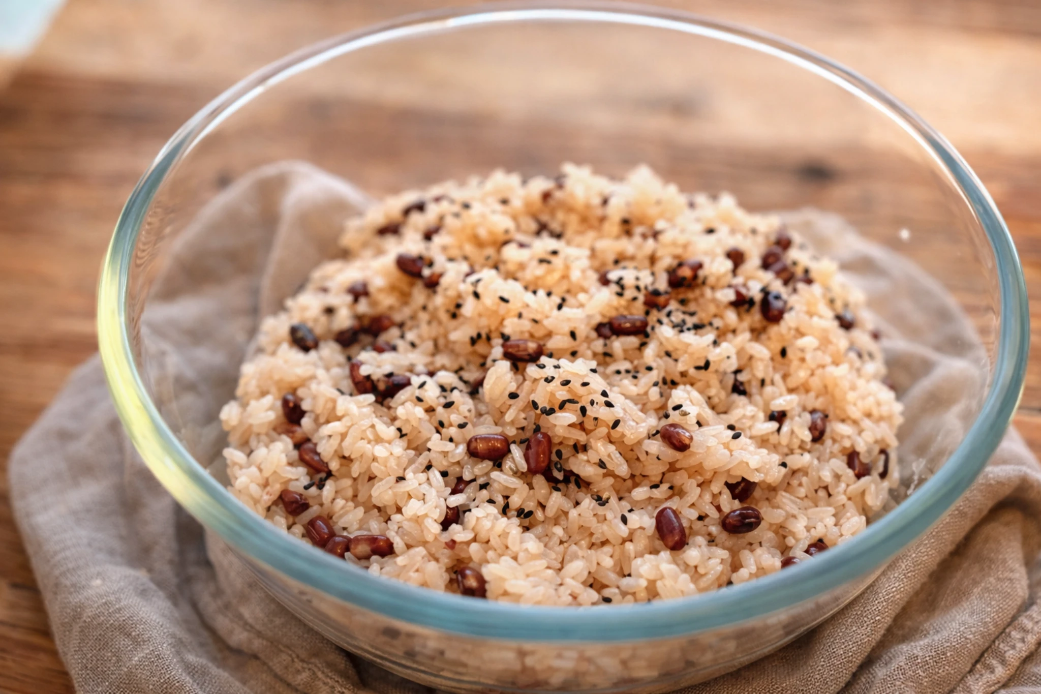 ガラスの器に盛り付けた赤飯。小豆と黒ごまが散り、やさしい雰囲気