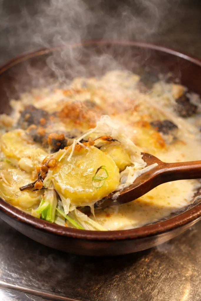 スプーンですくった長ねぎとじゃがいものグラタン。ほくほくのじゃがいもととろけるチーズが湯気とともに立ちのぼる