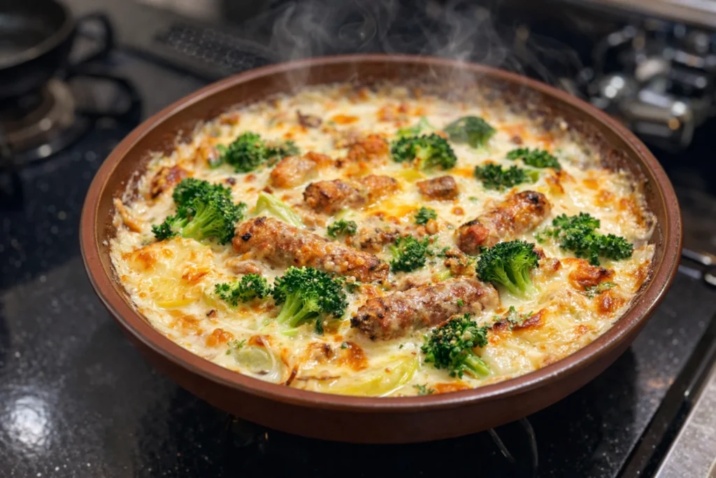 湯気の立ちのぼる長ねぎとじゃがいものグラタン。とろけたチーズと焼き色が食欲をそそる一皿