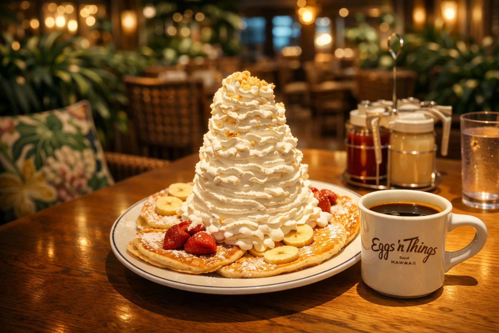 山盛りのホイップクリームがのったパンケーキとコーヒー。夜の店内のあたたかな灯り