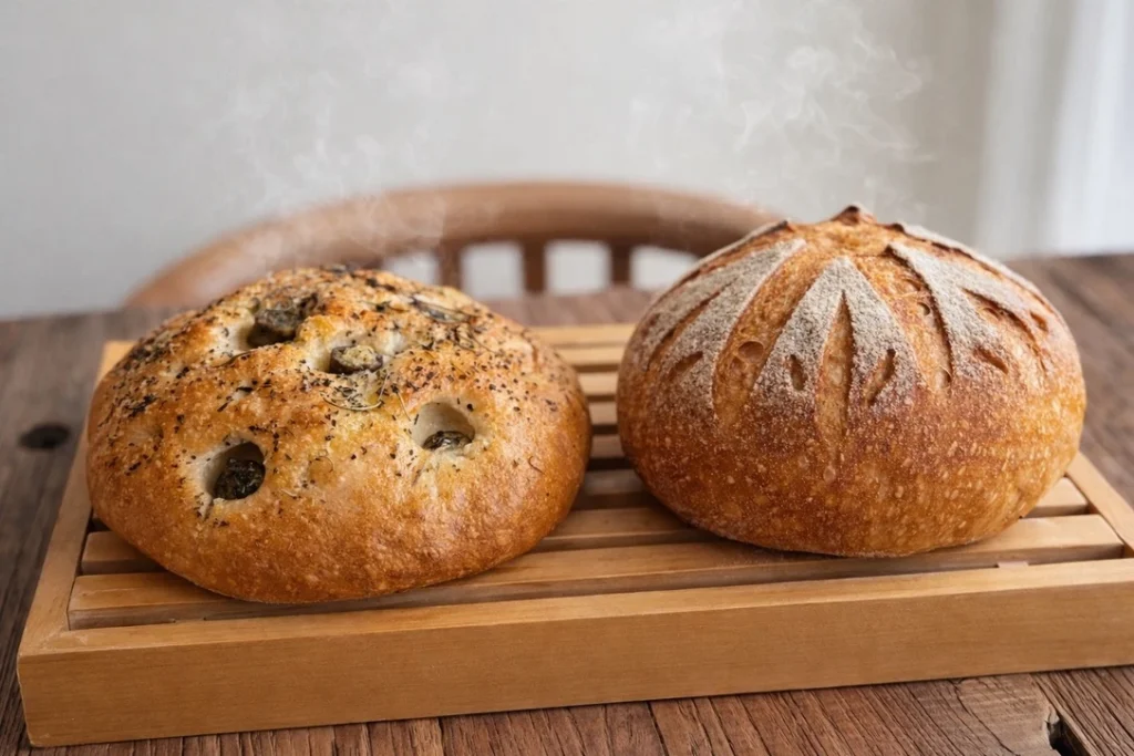 ブールとフォカッチャ、かたちの違う2種類のパンを並べた木のトレイ
