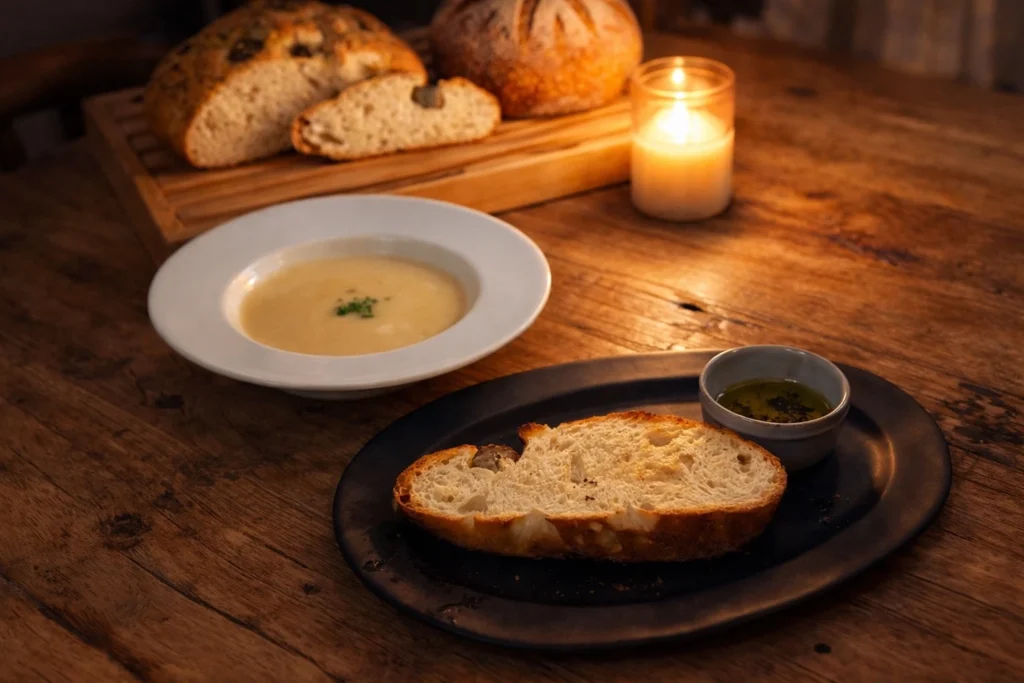 夜の食卓で味見したフォカッチャとポタージュスープ。静かな灯りのある時間