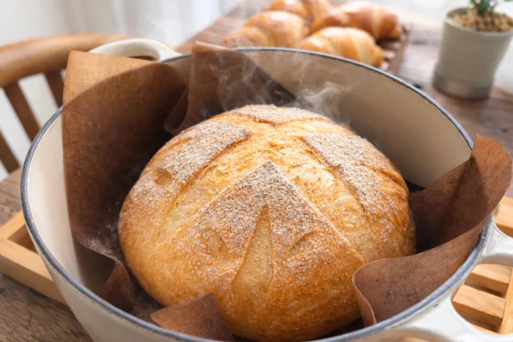 こねないパンの焼き上がった様子。クープも美しく焼きたのての湯気が美味しそうです