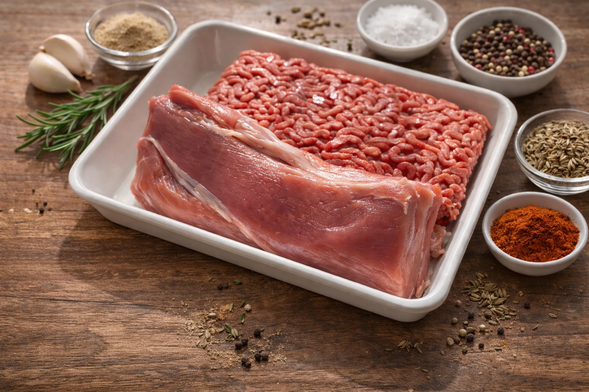 豚の塊肉と挽肉、にんにくやスパイスが並んだ自家製ソーセージの材料一式