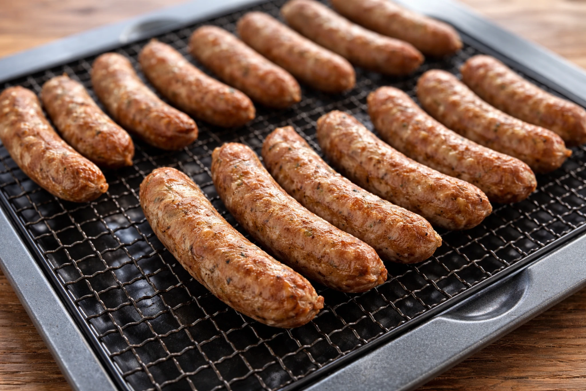 乾燥を終え、表面が落ち着いた自家製ソーセージが網に並んでいる様子