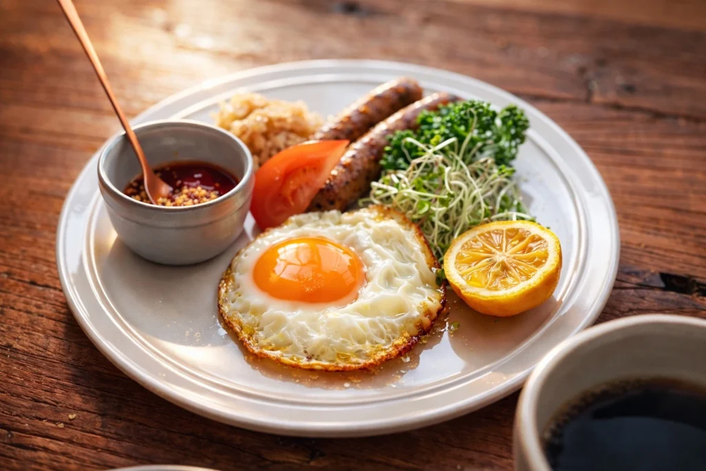 燻製された手作りソーセージが網の上で温められている様子。湯気と香ばしさが伝わる一枚