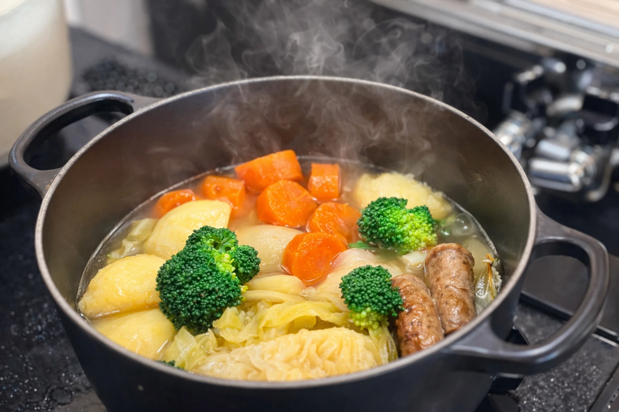 帰宅後すぐに作ったポトフ。鍋の中で湯気を立てる野菜とソーセージが、台所に温かさを運ぶ
