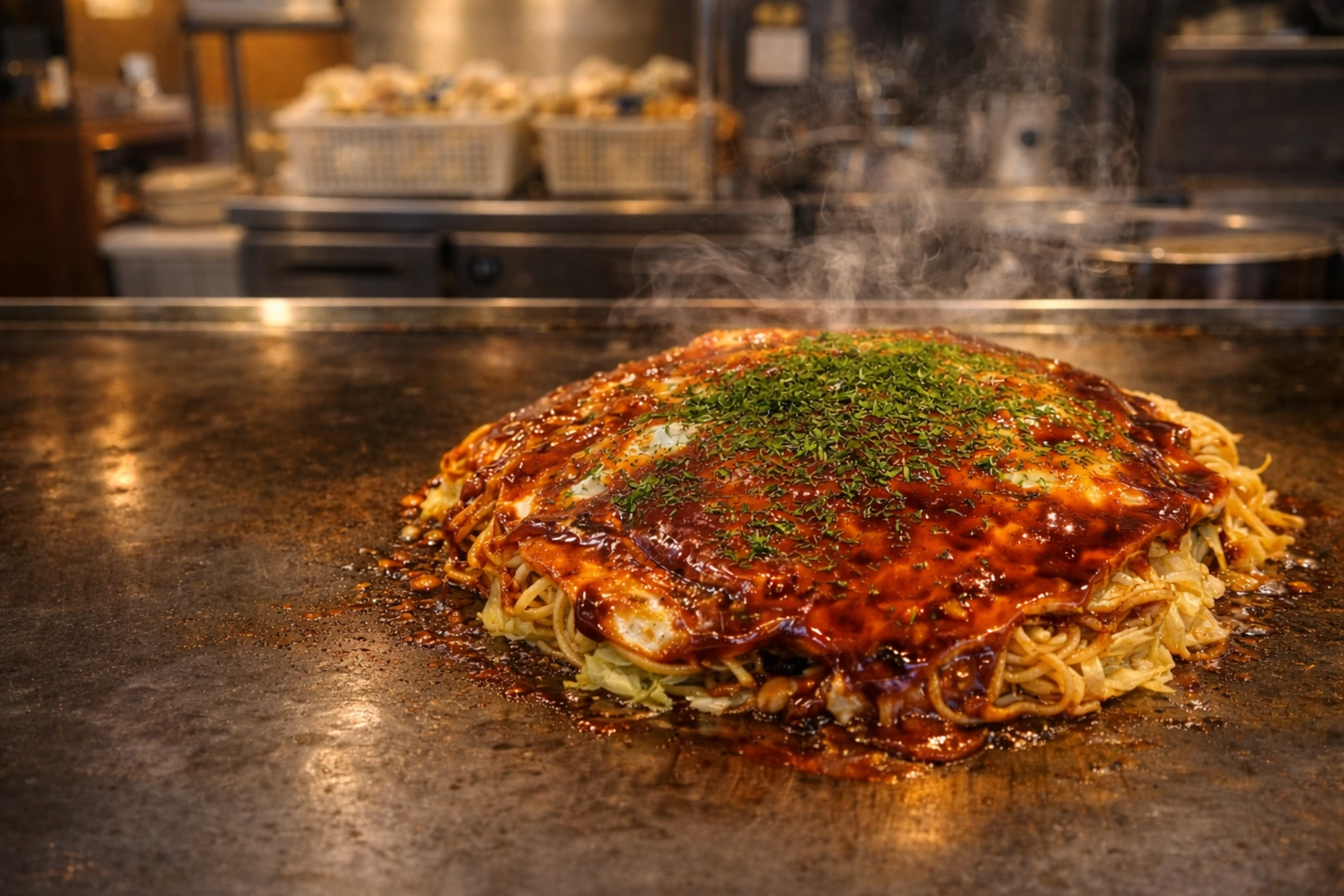 鉄板の上で湯気を立てる広島風お好み焼き。ソースが艶やかに広がり、青のりがふられている