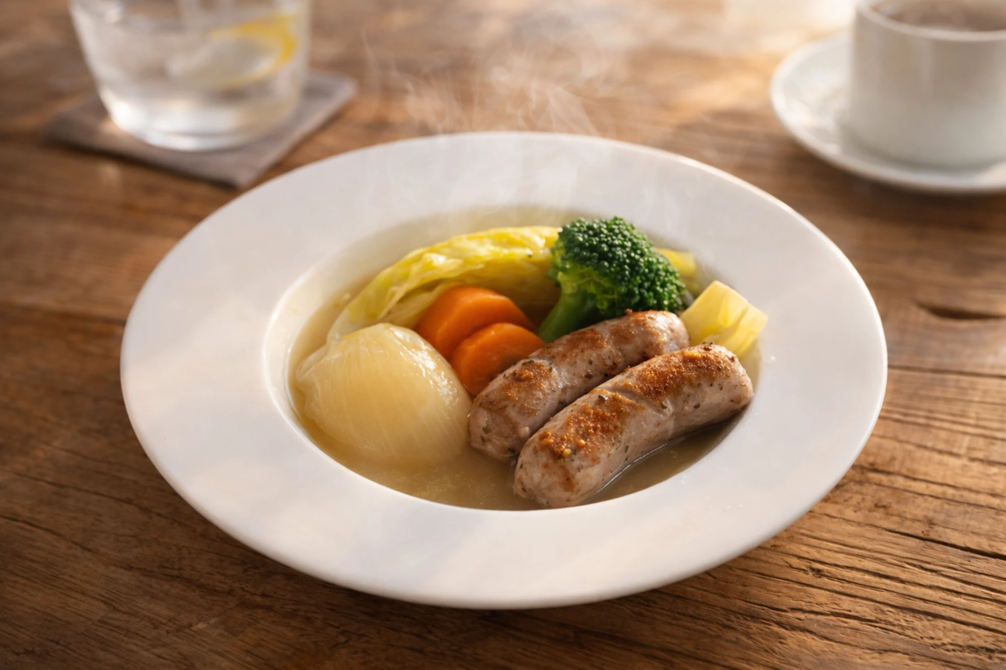 自家製ソーセージと野菜のポトフ。白い器に盛られ、湯気とともにやさしい香りが立ち上る一皿