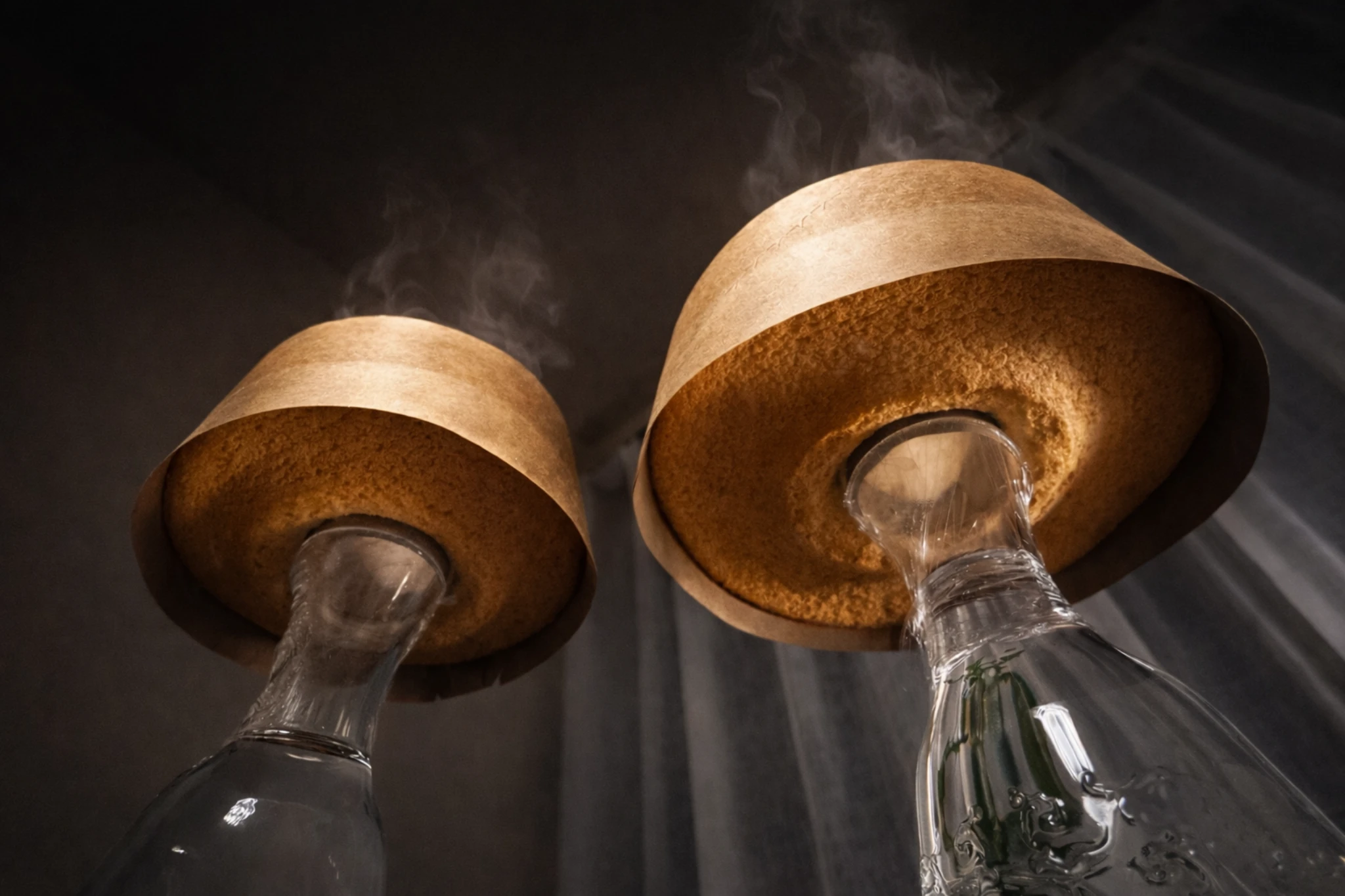 焼き上がったシフォンケーキを逆さまにして冷ましている様子。夜のキッチンに立ちのぼる湯気