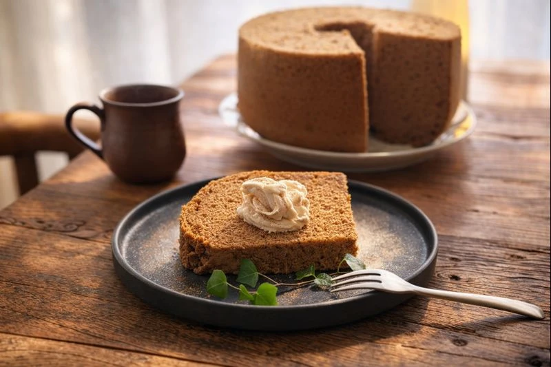 24cmのシフォンケーキをカットし、くりのアイスクリームを添えた一皿。落ち着いた木のテーブルの上