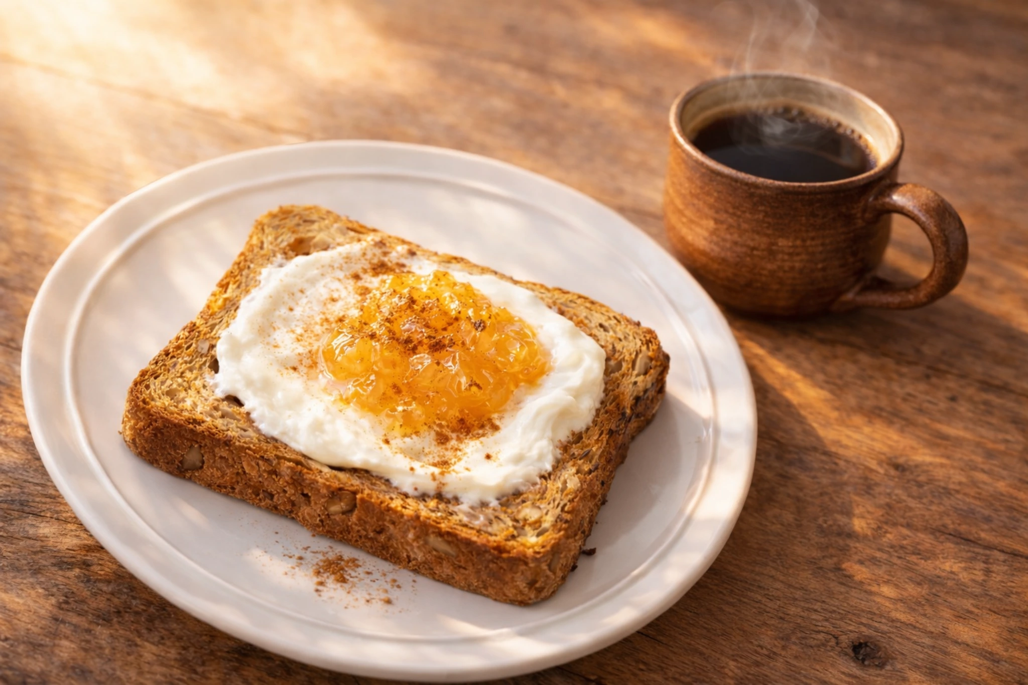 姫路の人気パン屋で買った胡桃食パンにヨーグルトとジャムをのせた朝ごはんと温かいコーヒー