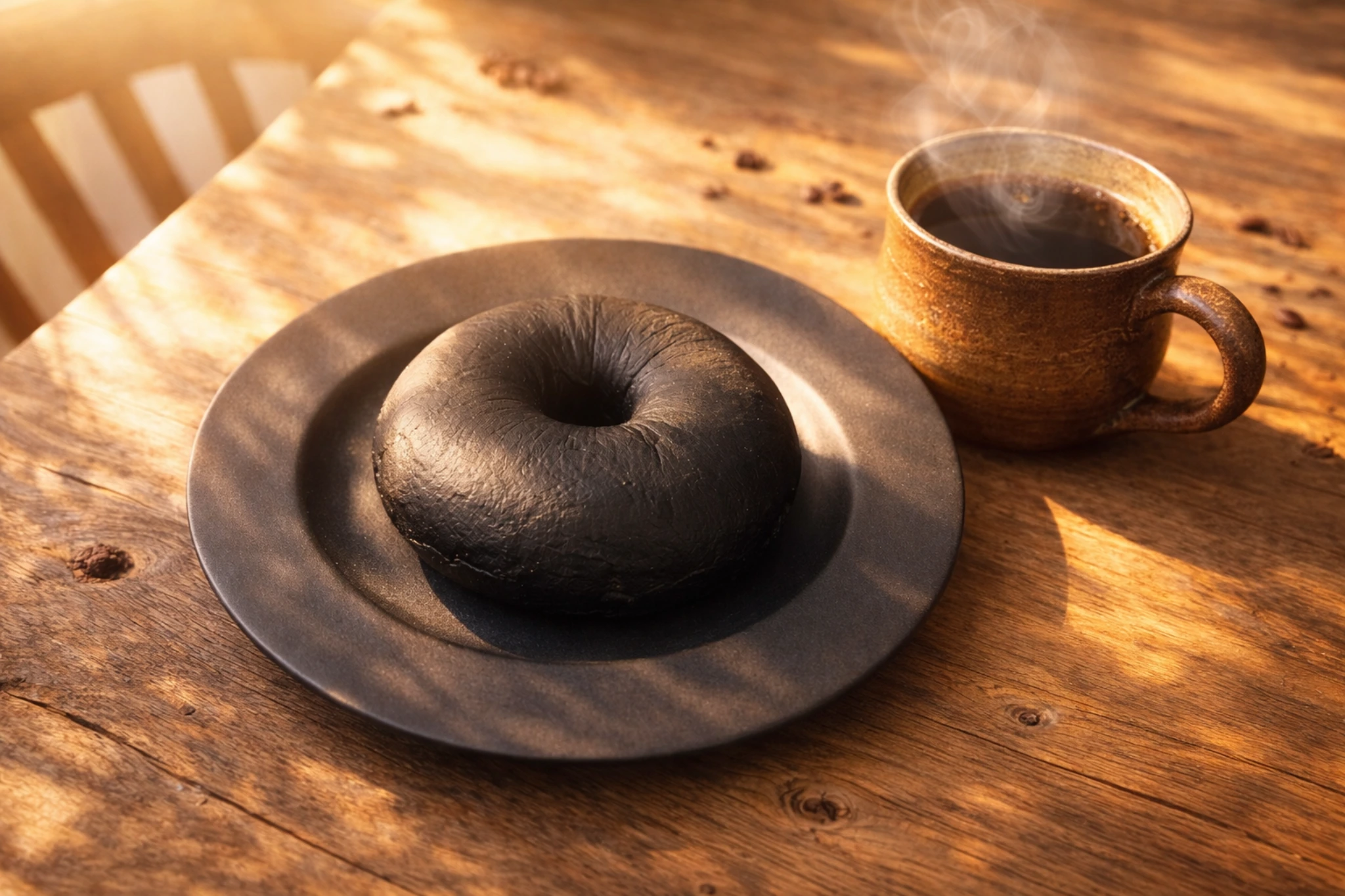 チョコレートベーグルとコーヒーをゆっくり味わう静かな朝の食卓