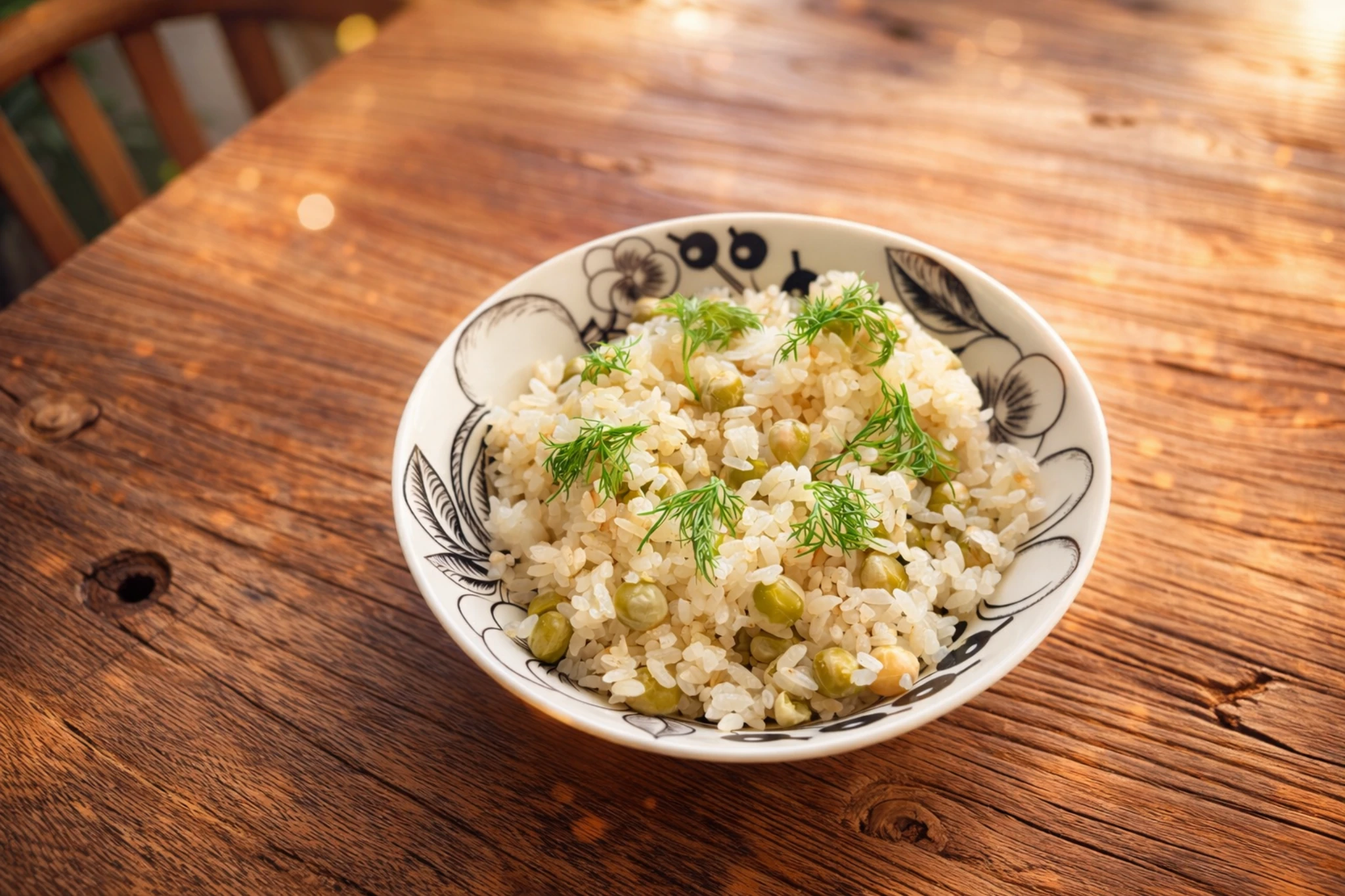 栗原はるみさんのレシピで作ったグリーンピースごはん。鶏がらスープで炊いたごはんに乾燥グリーンピースを混ぜた豆ごはん。