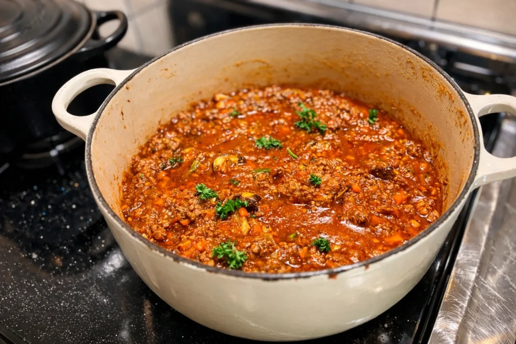 ストウブ鍋で煮込む栗原はるみさんのミートソース。挽肉と野菜がたっぷり入り、パセリが散らされている様子。