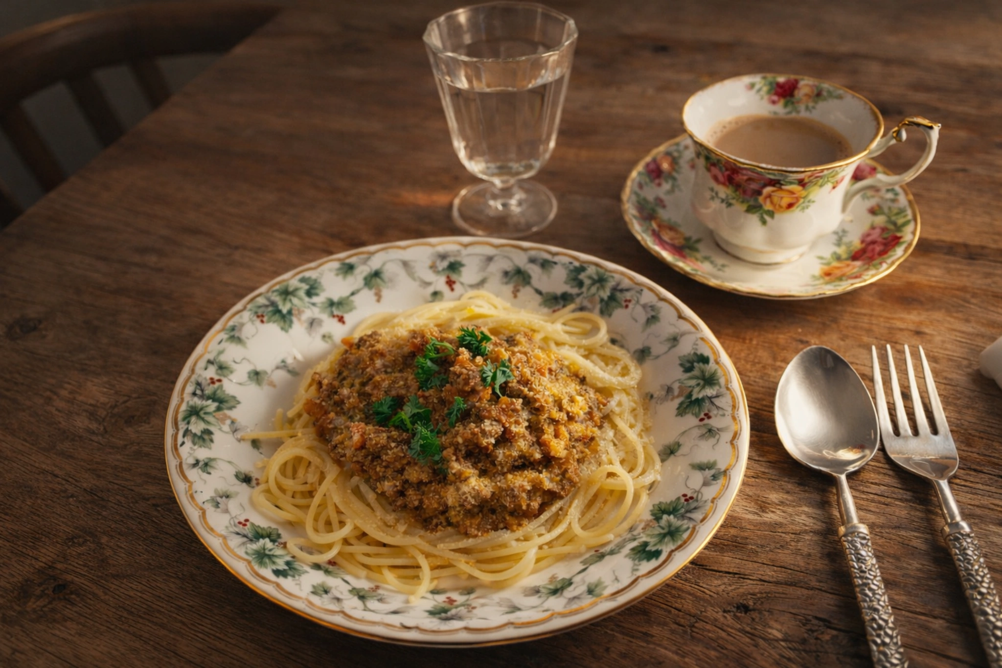 栗原はるみさんのミートソースをディ・チェコのスパゲッティにかけた一皿。パルメザンチーズとパセリを散らし、ミルクティーと共に。