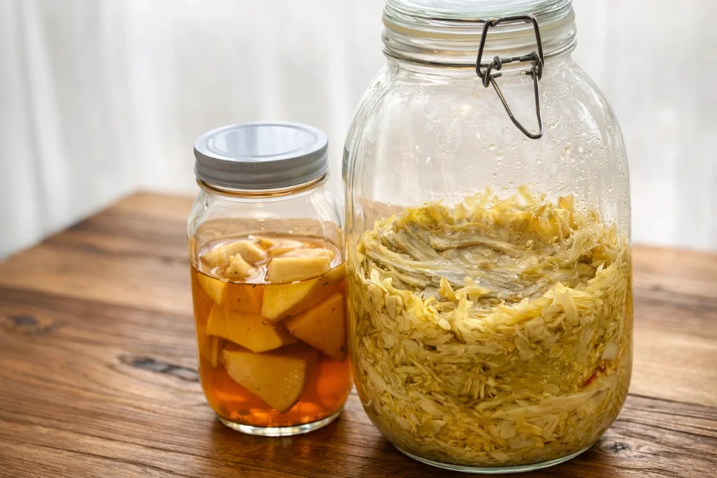 手作りかぶのピクルスとザワークラウトをガラス瓶に保存している様子