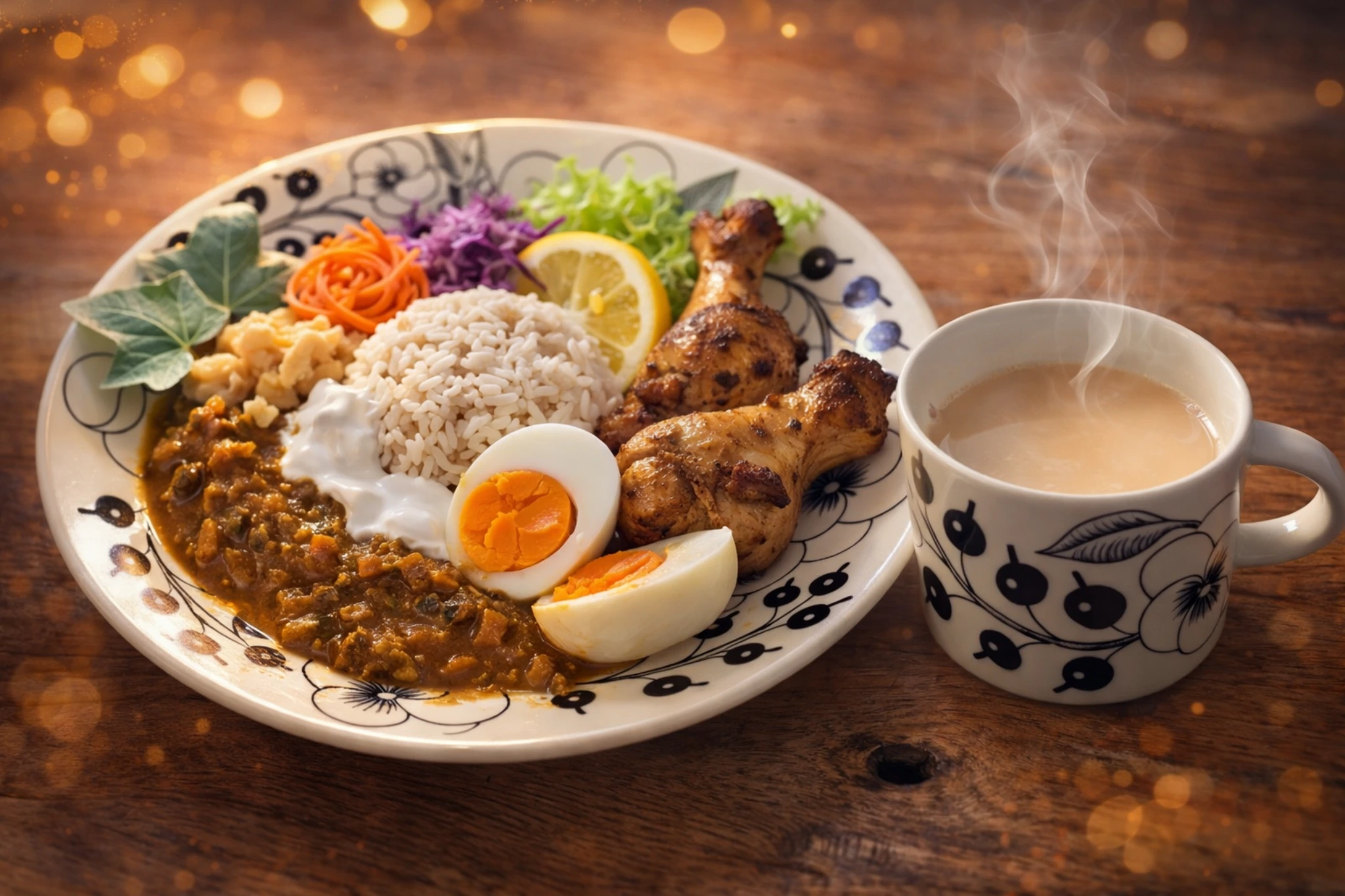 緑豆の炊き込みライスとキーマカレー、グリルチキンに手作りザワークラウトとラペを添えたスパイス料理の夕食プレート