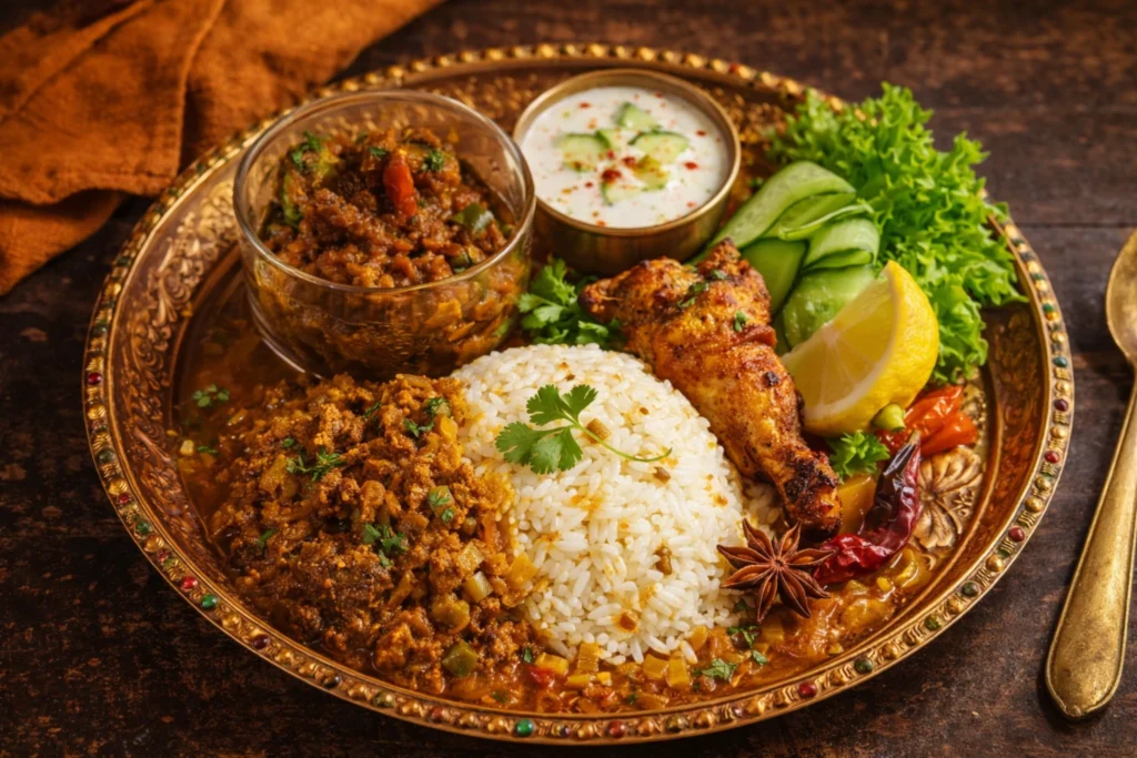 インド風を意識して盛り付けたスパイス料理プレート。