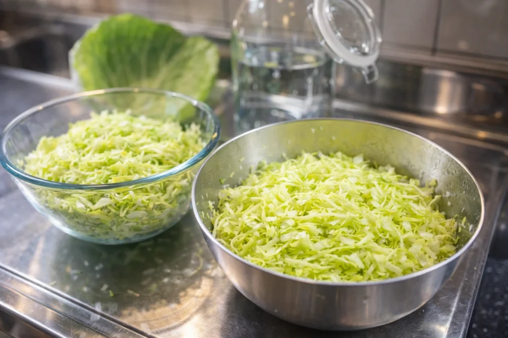 刻んだキャベツと仕込み途中のザワークラウト