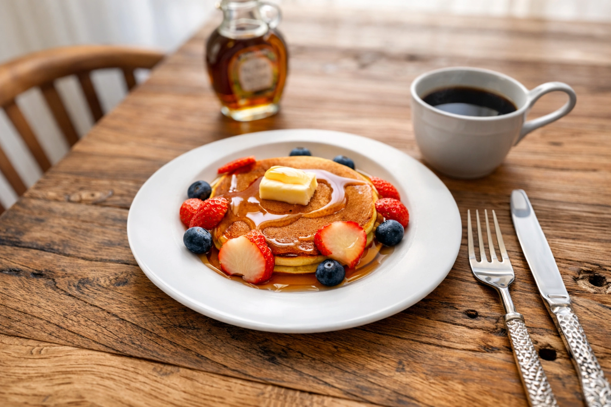 メイプルシロップとベリーを添えたホットケーキとコーヒーの朝食