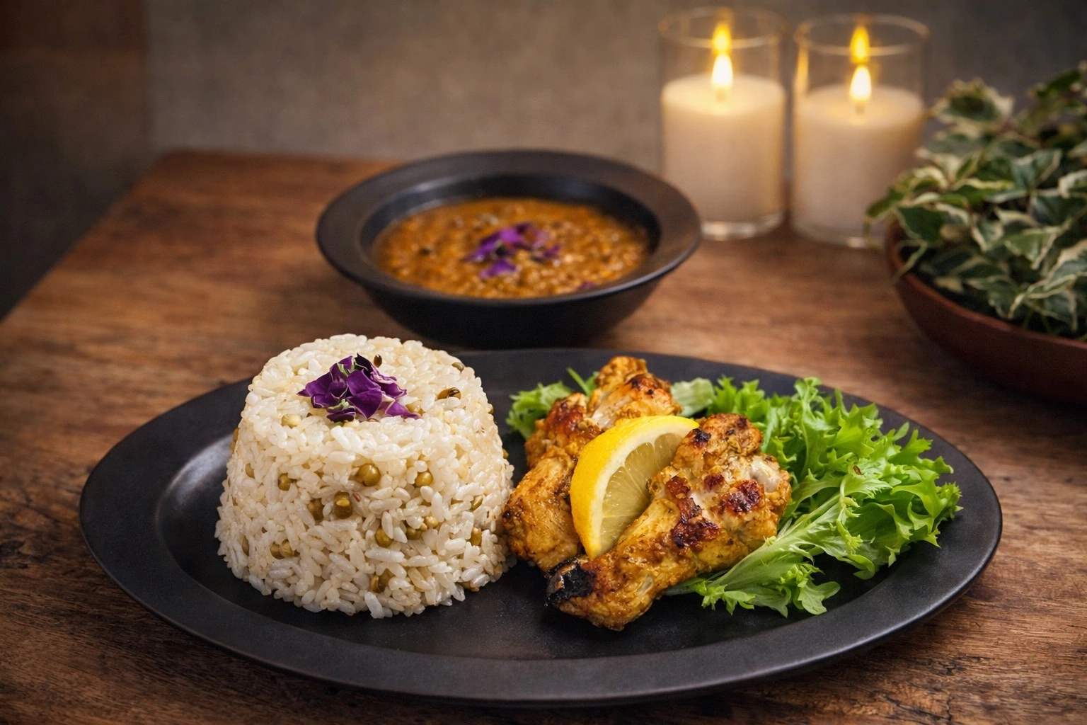 キーマカレーと緑豆の炊き込みライス、グリルチキンを盛り付けたスパイス料理の食卓