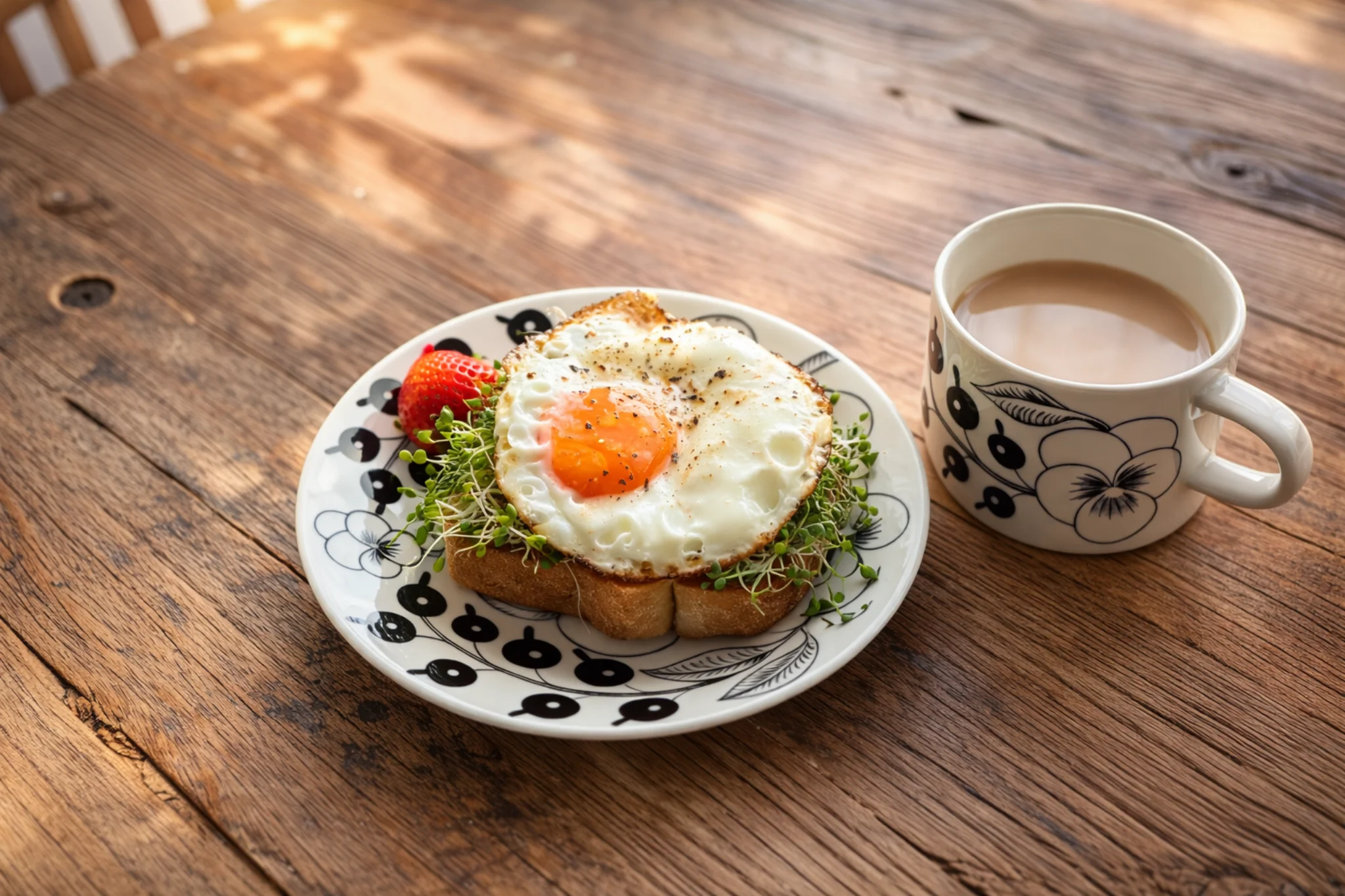 トーストに目玉焼きをのせた朝ごはんとカフェオレ。50代の朝の食卓。