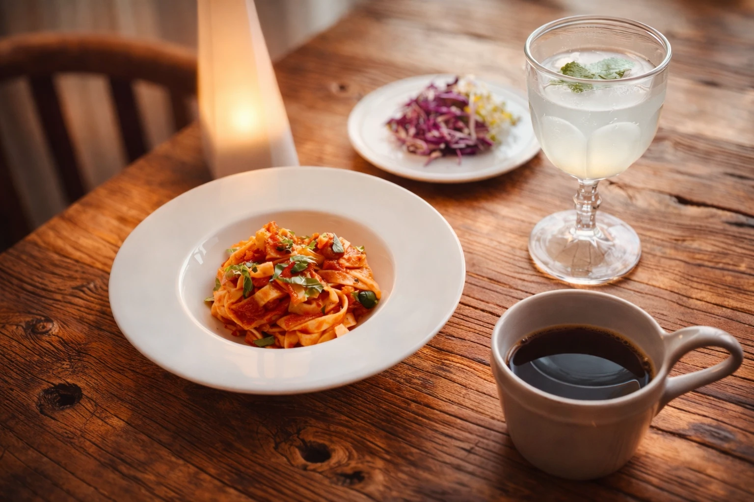 キャンドルの灯りの中、トマトソースのスパゲッティとサラダ、コーヒーが並ぶ静かな夕食の風景