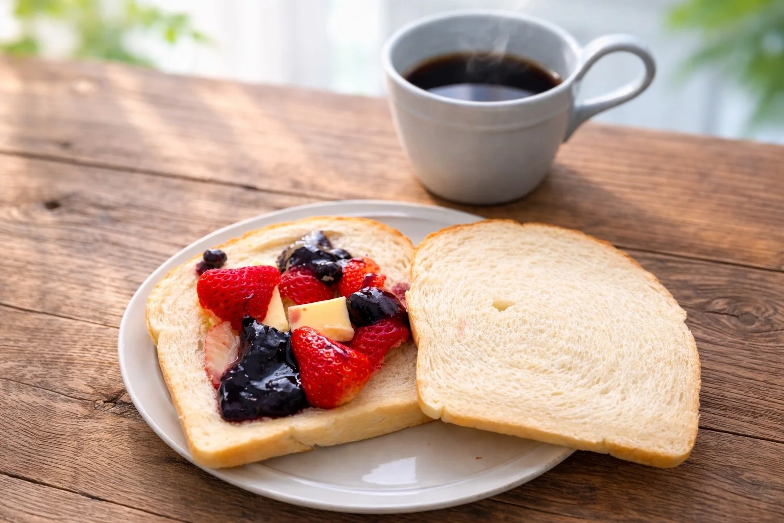 ベリーとカシスジャムのトーストとコーヒー。静かな朝の食卓。