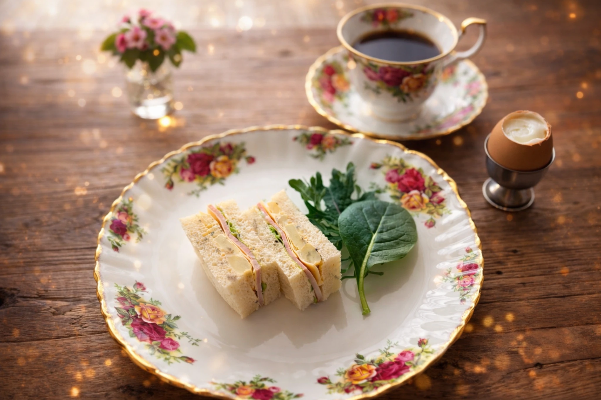 花柄の皿に盛られた手作りサンドイッチとコーヒー、朝のやわらかな光のテーブル風景