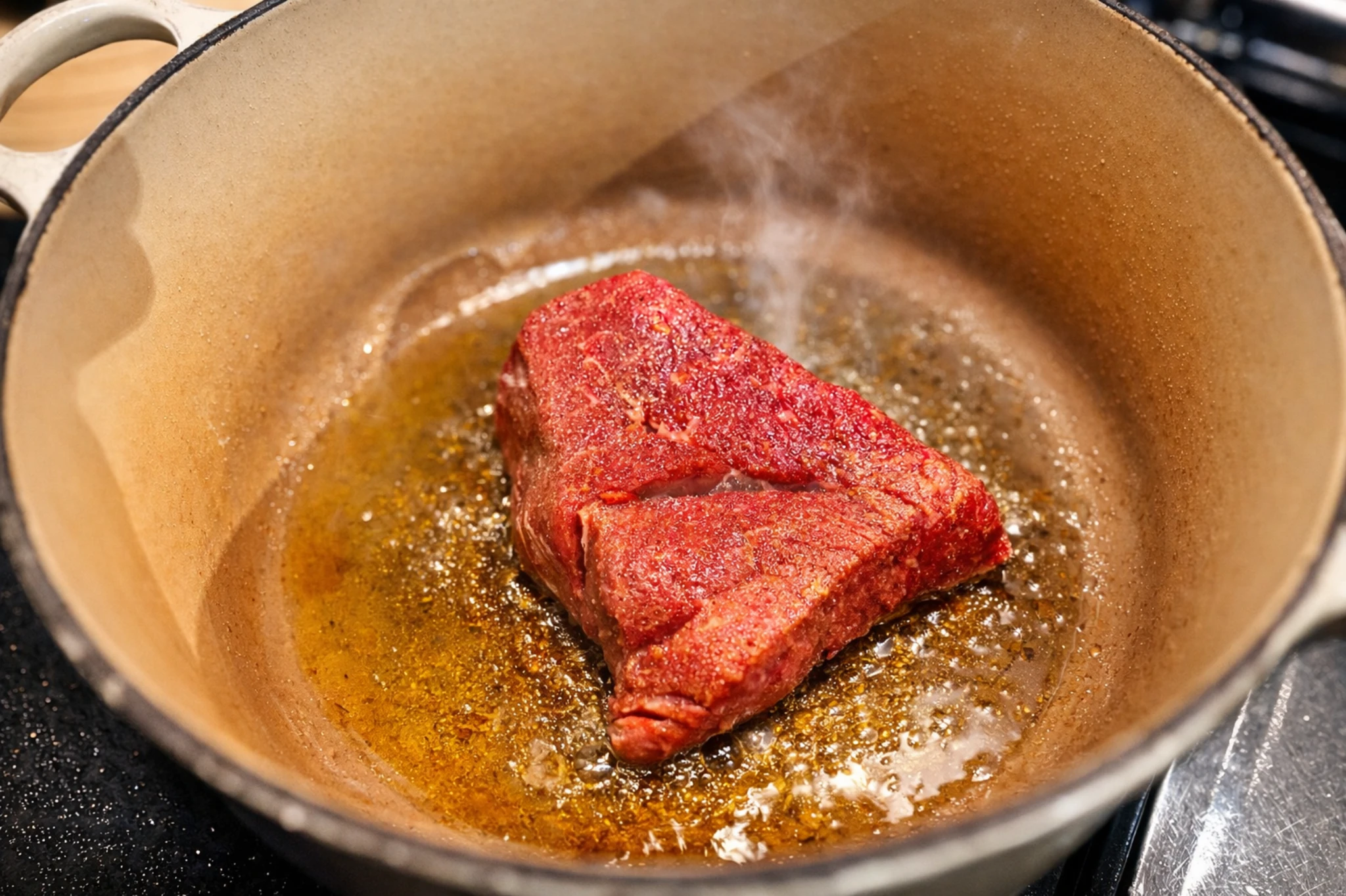 鍋で表面を焼き付けているローストビーフ作りの工程
