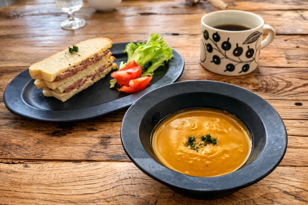 ローストビーフサンドイッチとかぼちゃポタージュとコーヒーの朝食