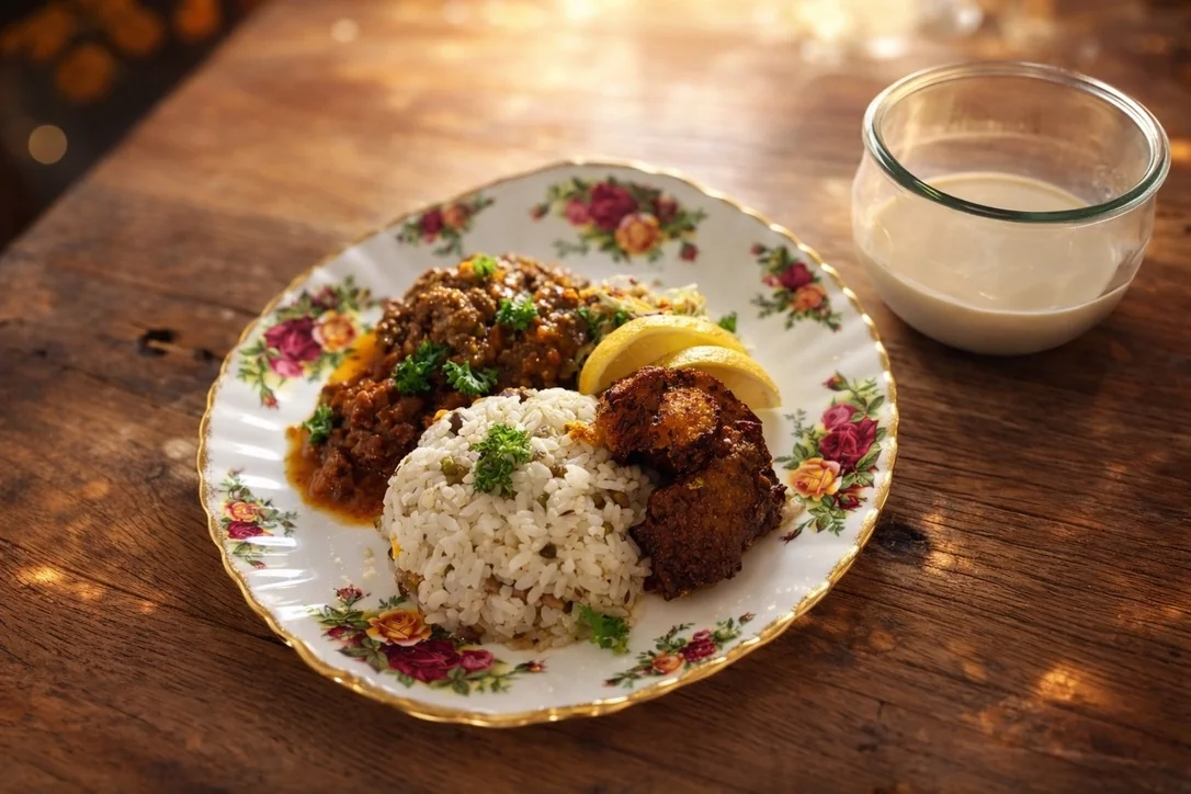 スパイス料理の夕食。カレーとチキン、レモンを添えたライスプレートとマサラチャイのグラス