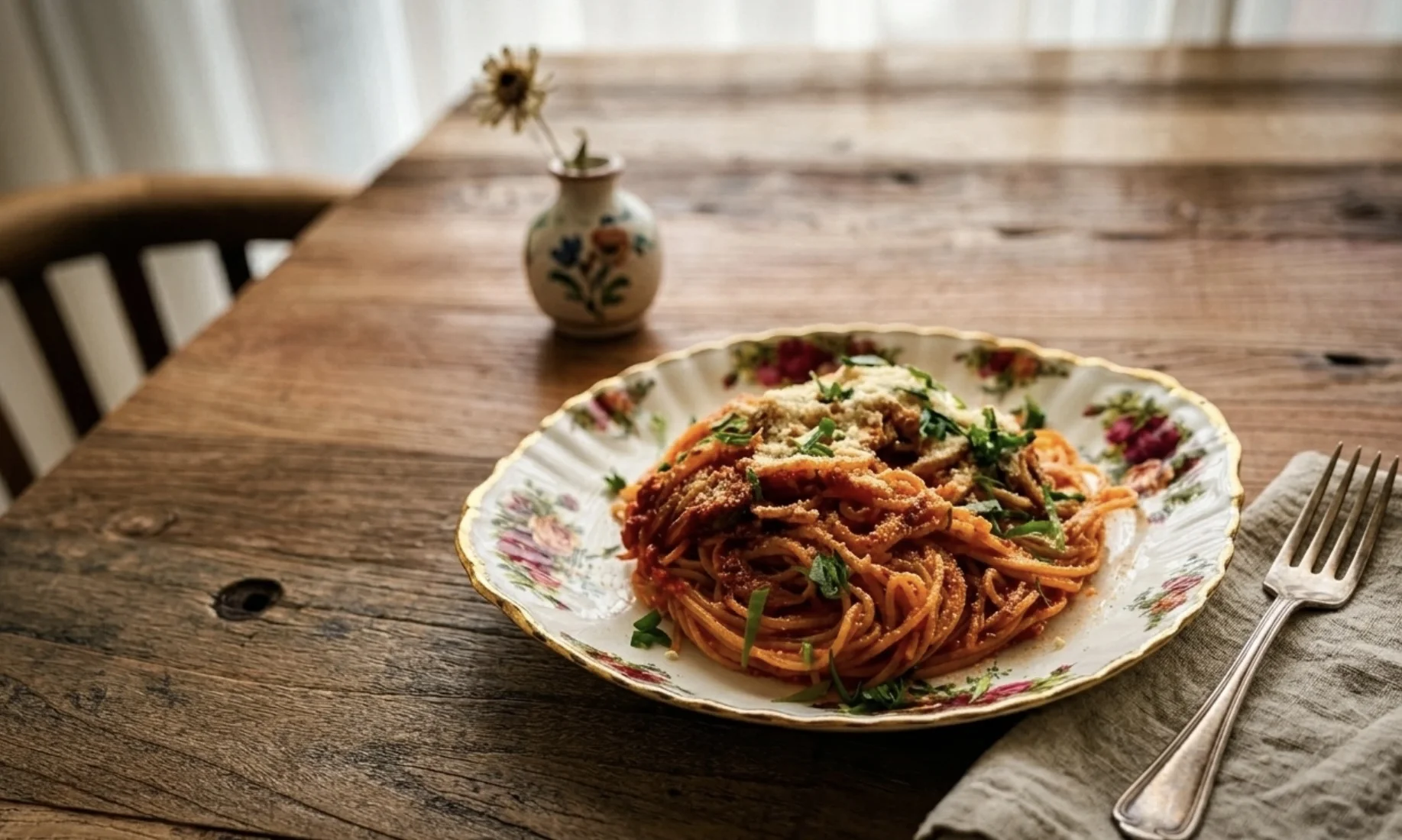 花柄のROYAL Albertのお皿に盛られたトマトソーススパゲッティ。50代の丁寧な昼ごはん。