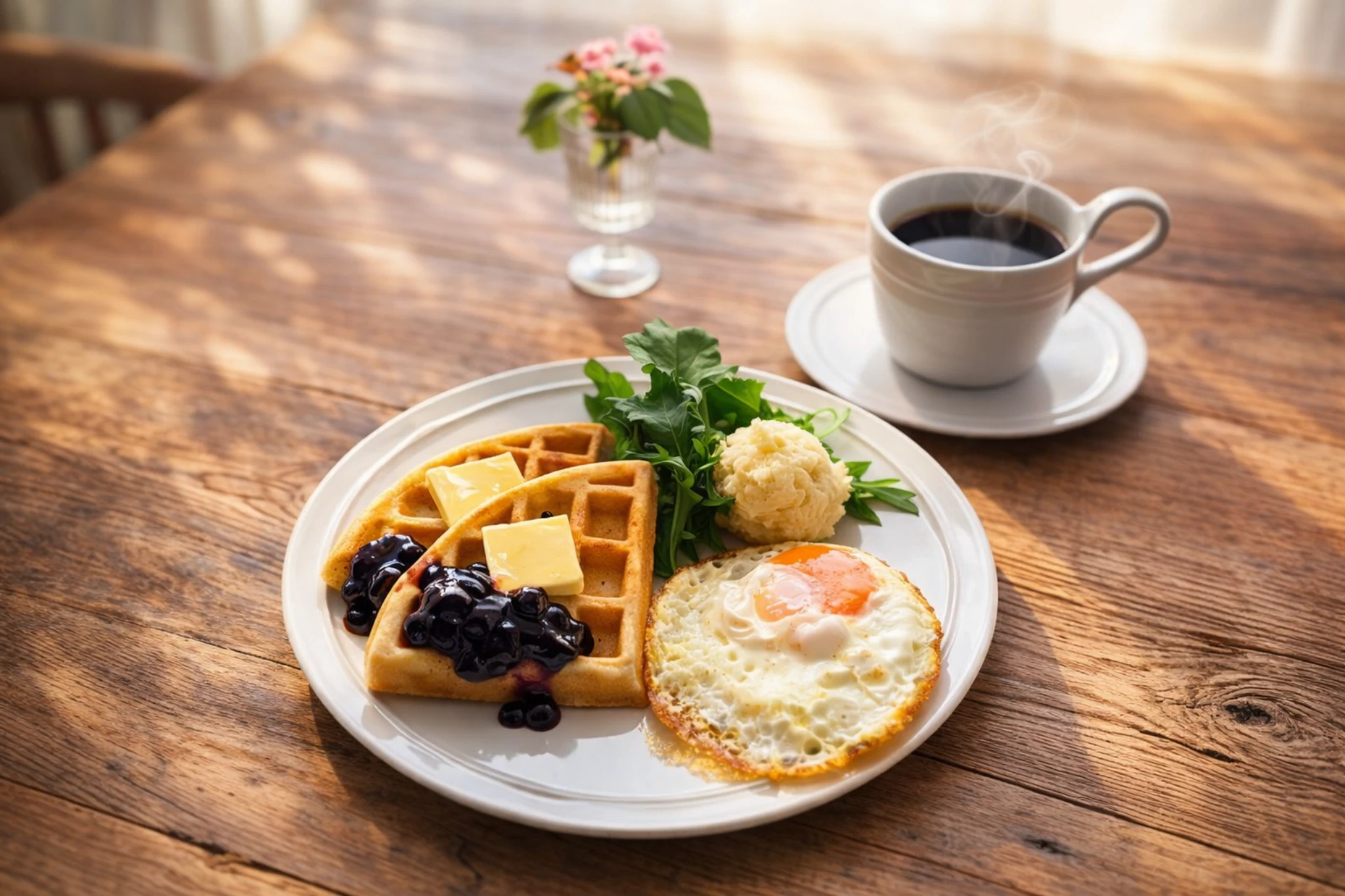 全粒粉ワッフルと目玉焼き、マッシュポテトの朝ごはん。春の光の中で整えられた静かな食卓。