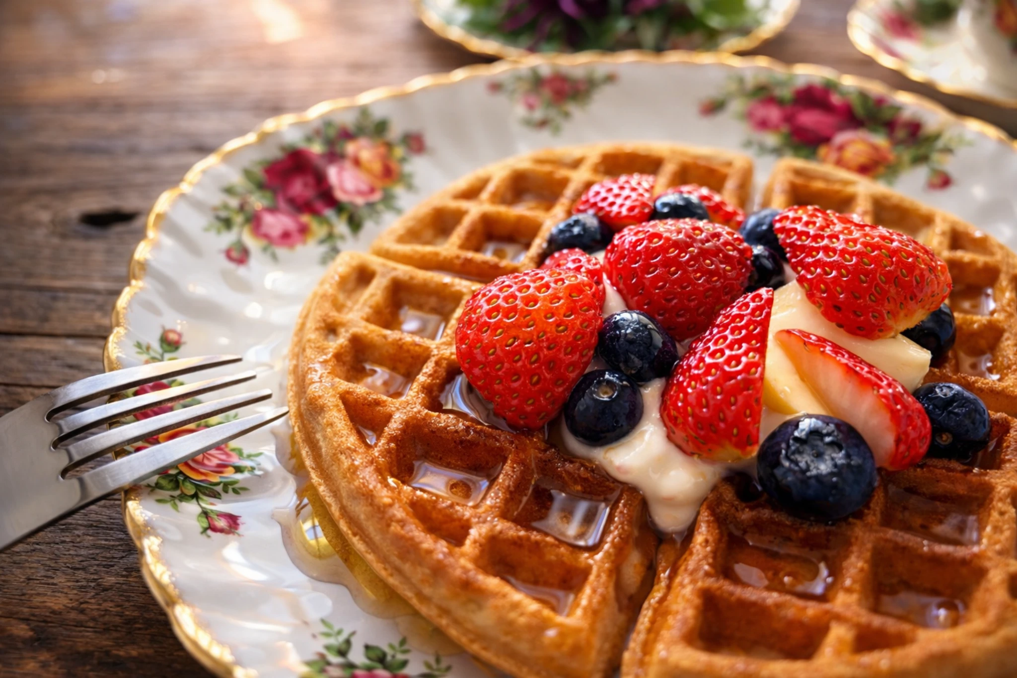 全粒粉ワッフルにベリーとヨーグルトをのせ、メイプルシロップがとろりとかかった朝食のクローズアップ。