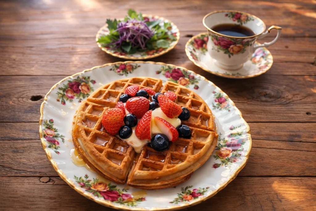 全粒粉ワッフルにいちごとブルーベリー、ヨーグルトとメイプルシロップを添えた朝食のテーブル風景。コーヒーとサラダが並ぶ静かな休日の朝。