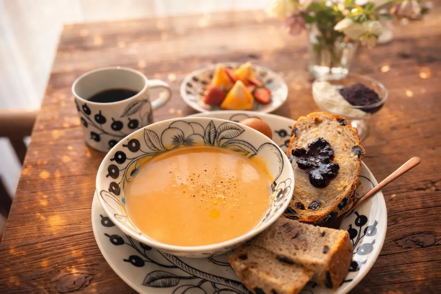 パラディッシのボウルに盛られたポタージュスープとカンパーニュの朝ごはん。窓辺の光の中で味わう、静かな朝