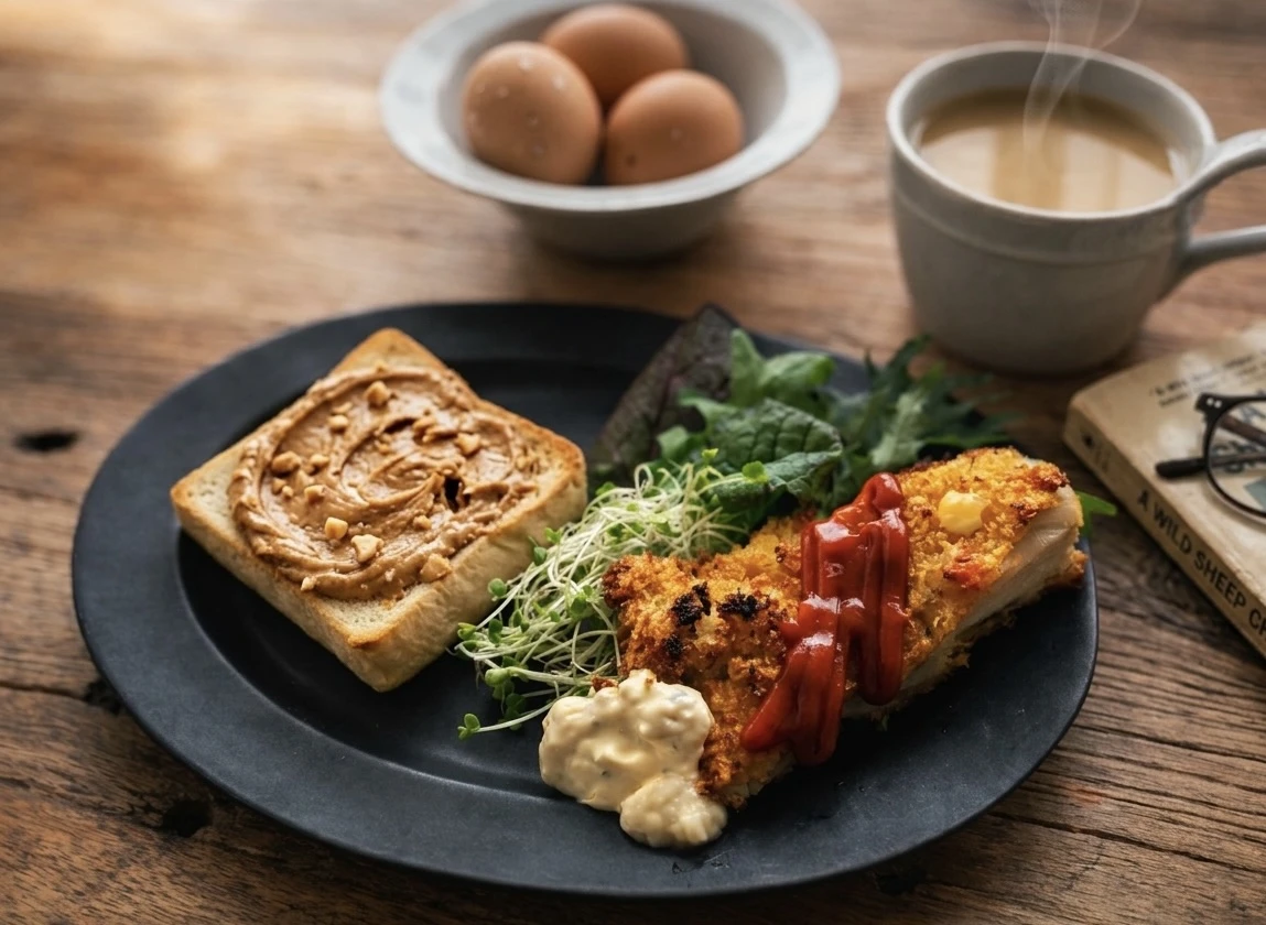 ピーナッツクリームトーストとチキンカツの朝ごはん｜コーヒーとゆで卵を添えて