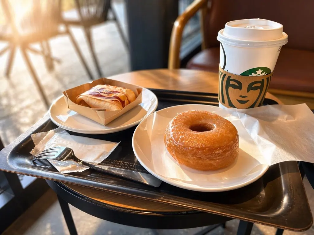 スターバックスのトレーにグレーズドドーナツ・焼き菓子・ホットラテが並ぶ朝のひとこま